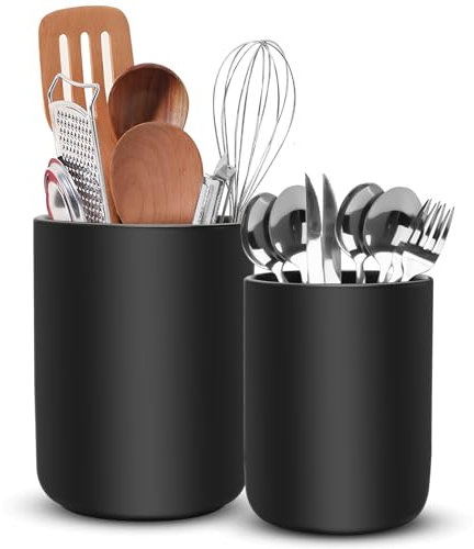 wishfly Küchenutensilienhalter, Utensilienhalter Aus Keramik für Die Küchentheke, Aufbewahrung von Küchenutensilien, 2 Stück Kochutensilien-Töpfe für Spatel, Löffel, Gabeln, Pflanzen(Schwarz)