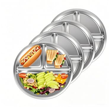 Sprigold 304 middagstallrikar i rostfritt stål 4-pack, 23 cm rund kontrollplatta delade plattor, perfekt för barn, vuxna, lunchbricka, campingmatbricka diskmaskinssäker (4)