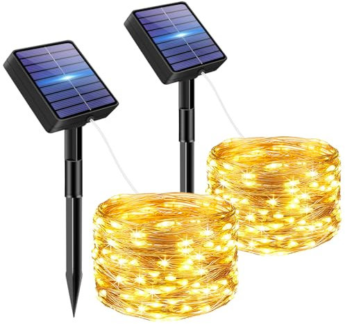bitjam Lot de 2 guirlandes lumineuses solaires d'extérieur, 5 m, 50 LED, 8 modes, étanchéité IP65, résistantes aux intempéries, pour jardin, clôture, arbre, cour, balcon (blanc chaud)