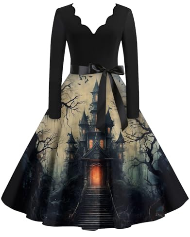 MOKBAY Halloween Damen Kleid Vintage Partykleid V-Ausschnitt Die Krawatte Design an der Taille Halloween Geist Spinne Kürbis Kostüm Langarm Swing Kleid