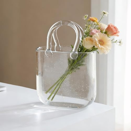 Glas Geldbörse Vase, Vase Glas Tasche mit Griffen, Transparent Blumenvase für Tischdekoration, Dekorative Glasvase Aesthetic für Langstielige Blumen, Obst, Fische