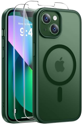 Qasyfanc Funda Magnética para iPhone 13/iPhone 14, Verde Oscuro | Compatible con MagSafe, 2 Protector Pantalla，Protección De Cámara, Carcasa Antigolpes, Anti-Arañazos Respaldo