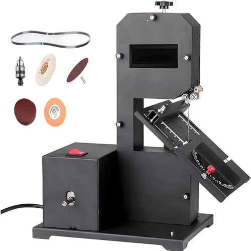 All-in-One-Holzbearbeitungsbandsäge mit 800-W-Motor | Verstellbarer Metalltisch 0–45° | Inkl. Sägeblatt, Schleifscheibe, Tuchrad, Schleifscheibe, Bohrfutter Standard