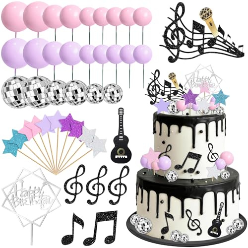 Musik Tortendeko 42 Stück Gitarre Disco Ball Musical Symbol Fünfzackiger Stern Torten Deko Cupcake Topper Happy Birthday Tortendekoration für Geburtstag Baby Shower Disco Musik-Themen Party Hochzeit