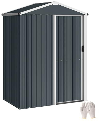 Outsunny Gartenhaus aus Metall, Gartenhäuschen für den Außenbereich 136 x 87 x 179 cm, abschließbare Schiebetür, Spitzdach und Handschuhe, Geräteschuppen aus verzinktem Stahl, dunkelgrau
