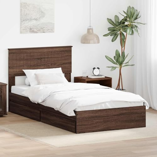PUGYNBK Stauraumbett Braun Eichen-Optik 100 x 200 cm Holzwerkstoff mit Plattformlattenrost und Schubladen für modernes Schlafzimmer