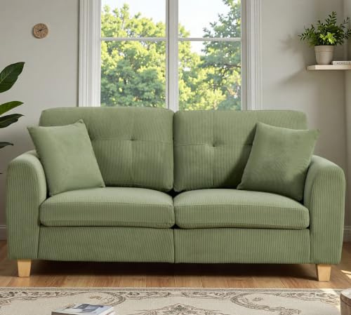EBELLO Sofa 3 Sitzer, Cord Sofa, Bequemes Couch mit Extra Tiefer Sitz | Modernes Wohnzimmer Sofa mit 2 Kissen&Seitentaschen, Einfach Montage Big Sofa Couch für Schlafzimmer Büros, Grasgrün