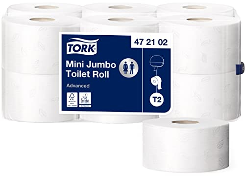 Tork 472102 Mini Jumbo toilet paper roll Advanced / Long lasting 2-ply rolls compatible with Tork T2 Mini Jumbo toilet system / 1 x 12 rolls (12 x 514 sheets)