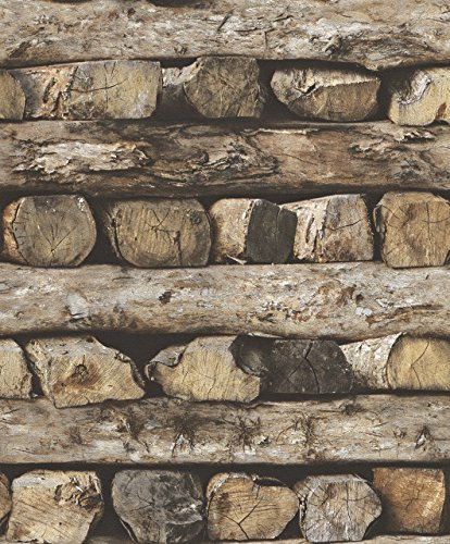 Rasch Tapete 931808 - Vliestapete mit Holzoptik, fotorealistische Holzscheite, Landhaus - 10,05m x 0,53m (LxB)