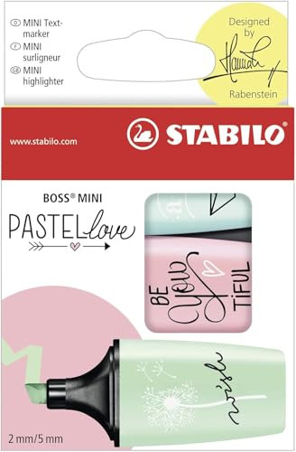 STABILO - Textmarker - BOSS MINI Pastellove - 3er Pack - zartes Türkis, rosiges Rouge, Hauch von Minzgrün