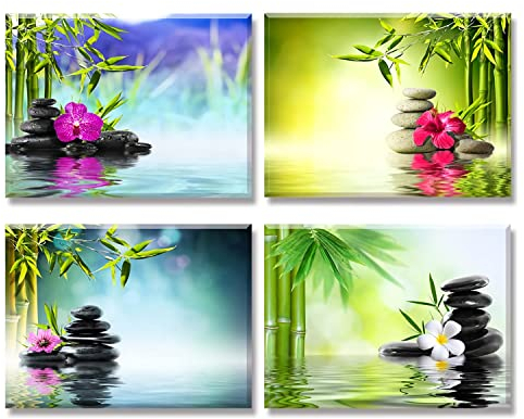Piy Painting 4X Impression Contemporain Zen sur Toile Spa Yoga Peinture en Bambou Pierre de médecine Tableaux Home Déco Impermeable Mur Art pour Chambre Cuisine Salle Bain Cadeau de Nouvel an 30x40cm