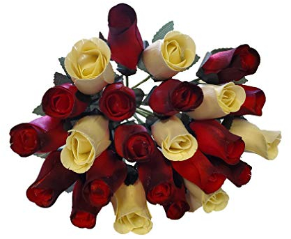 The Original Wooden Rose, Roter Rosenstrauß aus Holz mit schwarzen Spitzen und weißem Rosenstrauß (2 Dutzend)