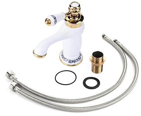 Oumefar Grifo de Lavabo de baño de latón Antiguo de cerámica G1/2, Grifo de Lavabo de cerámica con Flores Vintage, Grifo de Agua fría Caliente de una Sola manija de latón para baño(Pintura Blanca)