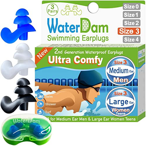 WaterDam Schwimm-Ohrstöpsel, wasserdicht, ultra-bequem, verhindern Schwimmerohren (Größe 3 + 3 + 3: mittelgroßes Ohr, Herren und große Ohren, Teenager, Frauen (weiß, blau, schwarz))