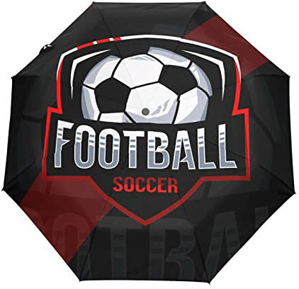 Fußball Fußball Rot Schwarz Sport Regenschirm Taschenschirm Auf-Zu Automatik Schirme Winddicht Leicht Kompakt UV-Schutz Reise Schirm für Jungen Mädchen Strand Frauen
