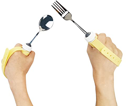 Fstcrt Ensemble d'ustensiles adaptatifs avec cuillères, fourchettes lestées, poignées antidérapantes et sangle en caoutchouc, pour les tremblements de la main et les faiblesses musculaires,
