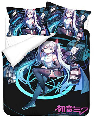 Hatsune Miku schönes Mädchen Anime Bettwäsche-Sets Cartoon 3D-gedrucktes Polyestergewebe 1 Bettbezug + 1/2 Kissenbezüge (keine Bettdecke)