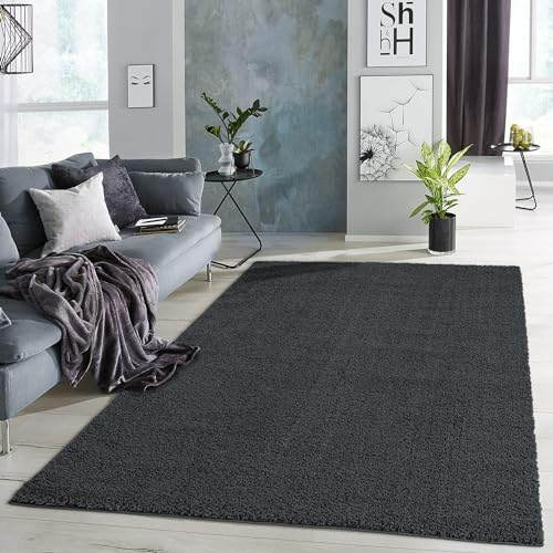 carpet city Polyester Shaggy Teppich Hochflor Wohnzimmer - 160x225 cm - Einfarbig Anthrazit - Flauschig-Weich - Modern - Langflor Schlafzimmer-Teppiche Pflegeleicht