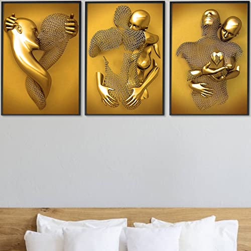 3D Metallfigur Statue Kunst Liebe Herz Bilder Wandkunst Deko, 3 Stück Abstrakte Metallfigur Skulptur Leinwand Malerei, Kunst Modern Poster Für Zuhause, Wanddekoration, Kein Rahmen (Gold 30x40cm)