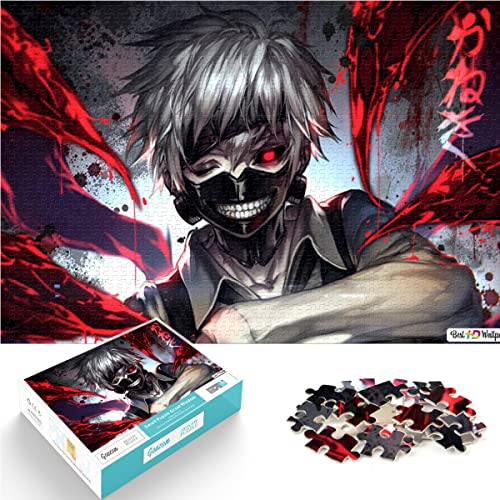 Erwachsene Kinder Puzzle 1000 Teile Puzzle Anime Tokyo Ghoul Puzzle Einfaches Puzzle Ken Kaneki Rote Augen Weiße Haare Maske Zähne Zwinkern Lächeln Blut Kagune Puzzle Spiel 75x50cm