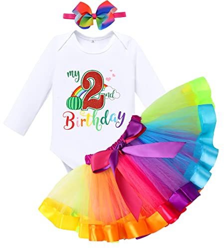 FYMNSI Baby Mädchen 2. Zweiter Geburtstag Outfit 2 Jahre Party Regenbogen Tütü Rock Langarm Strampler Body Stirnband Herbst Kleidung Fasching Halloween Fotoshooting Kostüme Regenbogen 2 Jahre