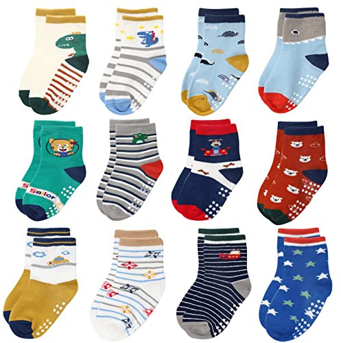 Yafane 12 Pares de Calcetines Antideslizantes para Niños Pequeños Infantil Recién Nacido Calcetines Antideslizantes Algodón para Bebés 0-7 años (Multicolor, 1-3 años)