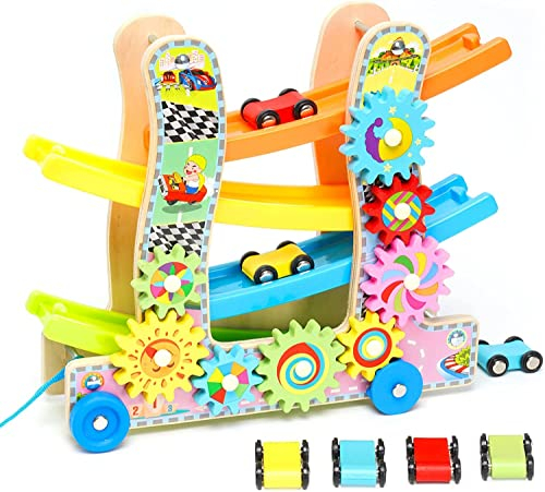 Kugelbahn Holz,Premium Holzspielzeug mit 4 Autos und 8 Drehbaren Zahnrädern,Autorennbahn Holz Spielzeug,Pädagogisches Montessori-Spielzeug für 2 3 4 5 Jahre alte Jungen Mädchen