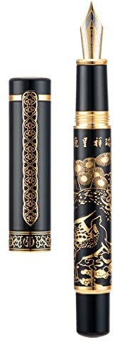 Hongdian 8037 Chinese Classical Fountain Pen, Iridum Fine Gold Nib with Chinese Deer Totem Design, Smooth Writing Pen with Ink Converter and Metal Pen Box Set