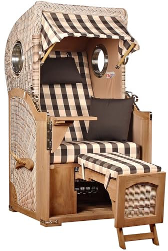MR. DEKO® Strandkorb Düne Single Teak 1-Sitzer Bullauge | PE Geflecht Shell | Volllieger verstellbar mit Fußablage | inkl. 2 Kissen Wechselpolster | Strandkörbe fertig montiert | Bezug Dessin 505