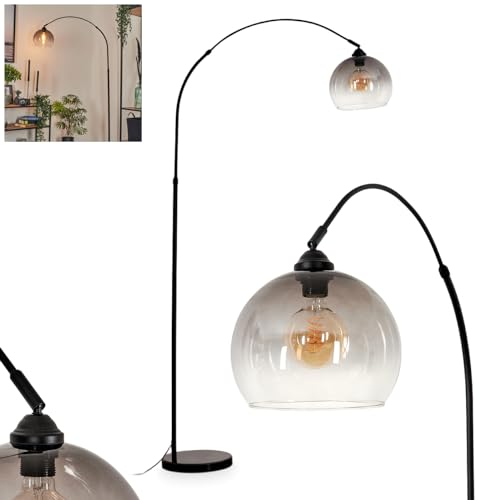 Stehleuchte Tapitapa, Stehlampe aus Metall/Glas/Marmor in Schwarz/Rauchfarben/Klar, verstellbare Bogenlampe (Ø 24,5 cm) m. Fuß aus Marmor, 1 x E27 max. 60 Watt, ohne Leuchtmittel, Fußschalter am Kabel