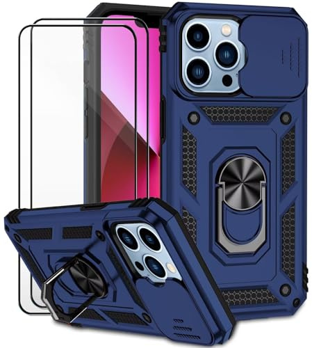Dechyi für iPhone 13 Pro Max Hülle mit Panzerglas Schutzfolie Schutzhülle mit Kameraschieber Case 360° Drehbarer Militä Ständer Stoßfest Cover-blau