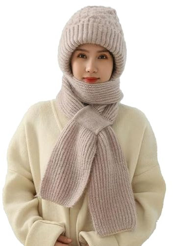 Bonnet Coupe-Vent avec Protection auditive intégrée, écharpe Chaude 2 en 1, Bonnet tricoté épais, Bonnet d'hiver, Beige