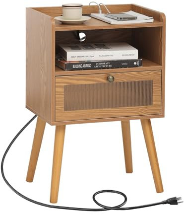 AWASEN Mitte des Jahrhunderts Nachttisch mit Ladestation, moderner Nachttisch mit dekorativer Glasschublade, kleiner Beistelltisch mit 2 Ablageebenen für Schlafzimmer, Büro