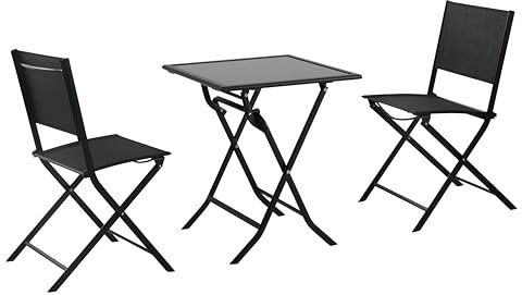 METRO Professional Set de Terrasse Santorini, 3 Pièces, Textilène/Acier/Verre, 1x Table et 2X Chaises, Pliantes, Noir