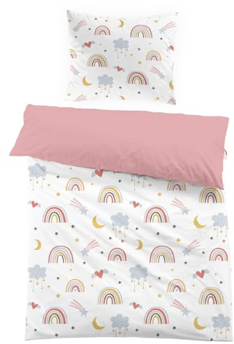 Yasida BettwäSche Regenbogen 135x200 Rosa Kinder Bunte Mikrofaser BettwäSche Mit Regenbogen, Wolken, Sternen, Monden, Herzen FüR MäDchen Einzelbettbezug Set Bettbezug 135x200 Und Kopfkissenbezug 80x80