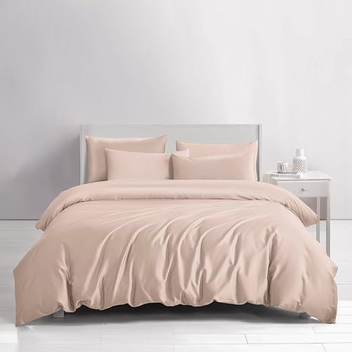 FIREYA Premium Bettwäsche 220x240-100% Baumwolle Satin - ÖKO-Tex Zertifiziert - Bettbezug-Set Decke Kissen Bezug Cover Bett Deckenbezug Bedding Duvet Weich Einfarbig Pink Beige