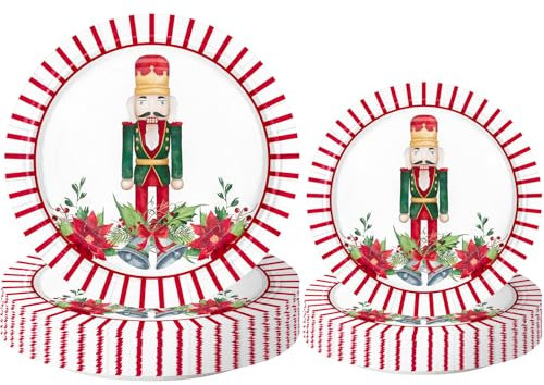 WRAPAHOLIC 50Pcs Christmas Paper Plates - 9 and 7 Nutcracker & Stripes Disposable Plates Decorative Dinner Plates for Party Tableware Supplies Table Decor