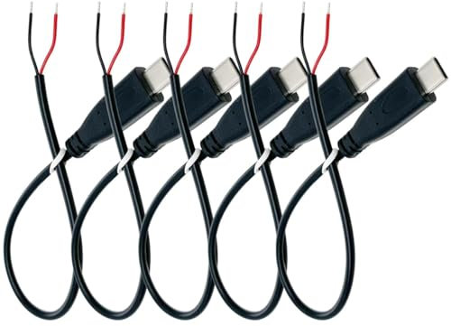 PENGLIN 5PCS 25CM USB Type-C 2 Core Pigtail Cable, 3A 5V USB-C Male Plug to 2Pin Bare Wire Open End Extension for DIY