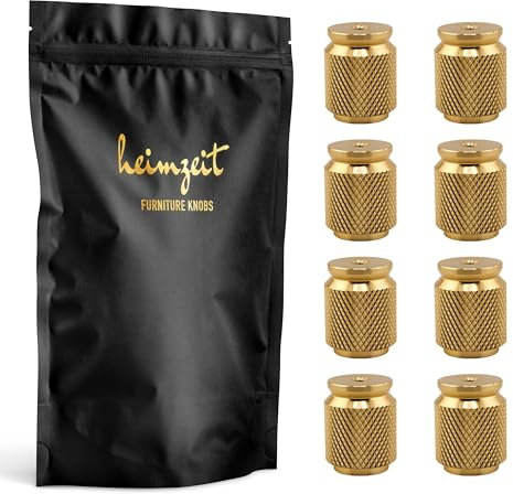 heimzeit Schrankknöpfe für Türen, Schubladen und Kommoden aus hochwertigem Aluminium [8 Stück, Geriffelt] Farbe: Gold, Stilvolles Design, Möbelknöpfe mit Einlochgriff und Schrauben