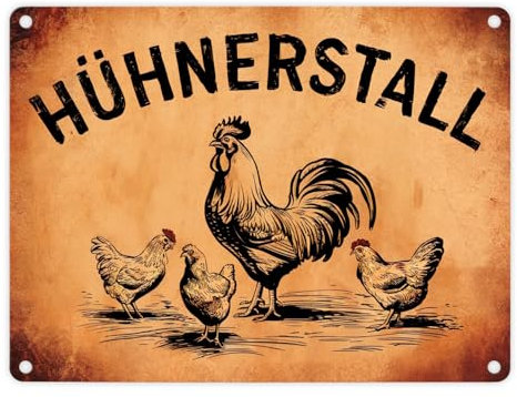 Hühnerstall Metallschild in 15x20 cm mit Hahn und Hennen Vintage Illustration Rustikal Nostalgie Zuhause Selbstversorger Stall Garten