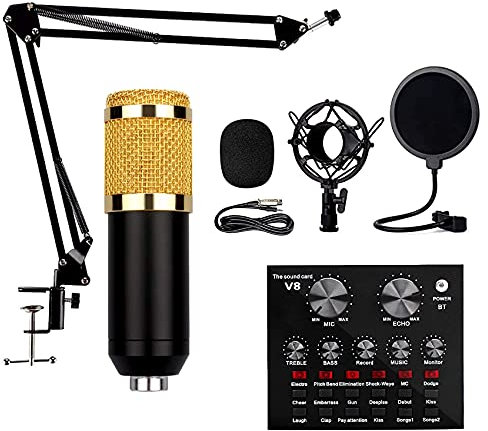 AKALNNB Kit de micrófono de condensador, paquete de micrófono con tarjeta de sonido en vivo, soporte de brazo de micrófono ajustable para grabación de estudio, micrófonos vocales