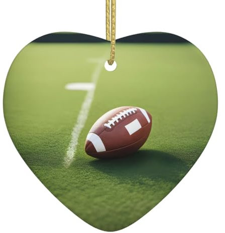 BROLEO Weihnachtlicher Keramik-Herz-Anhänger – für Feiertagspartys und Festivals – Golddrahtseil inklusive American Football Ball auf Gras Sportdrucke