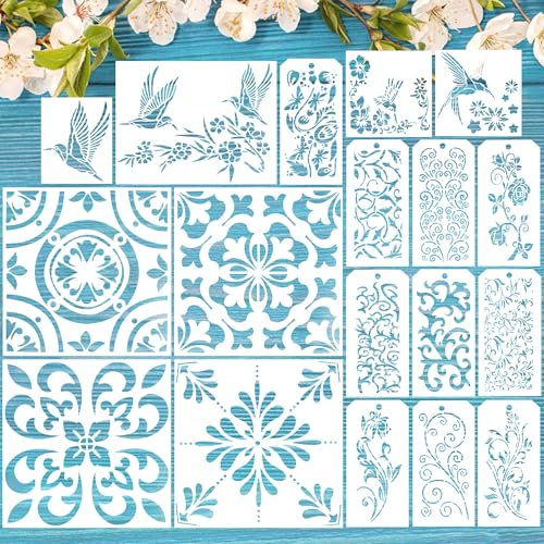 18 Stück Schablonen Set, Wiederverwendbare Malschablonen, Verschiedene Größen, Blumen, Blättern, Tieren, für Wand Boden Dekor DIY Heim dekoration