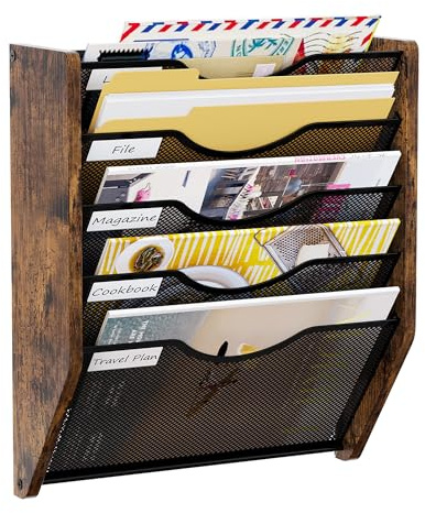 PAG-Mass 5 Tier Wall Hanging File Organiser,Metal Wooden Letter Rack A4 Paper Holder, Wall Mounted Document Storage Organizer For Office Home School,Brown
