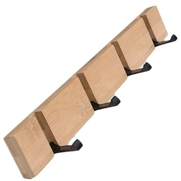 Cozensyson Holz Garderobenhaken Selbstklebend mit 4 Klappbaren Haken,Bambus | Robuste Bohrfreie Wandhaken mit Hoher Tragkraft, Geeignet für Mäntel, Hüte, Schals, Handtaschen und Schlüssel