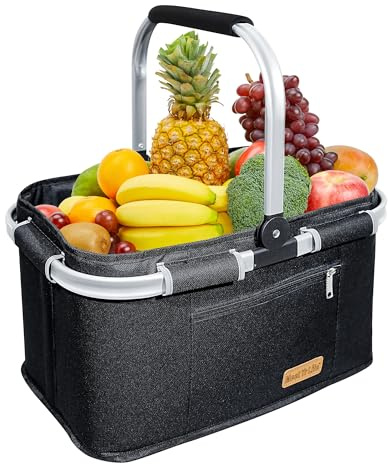 ABIUBIU 35L Einkaufskorb Großer Picknickkorb mit gepolsterten Griffen Praktischer Faltbarer Korb Einkaufstasche mit Aluminiumrahmen Stabiler Korb Reisen/Picknick/Einkaufen