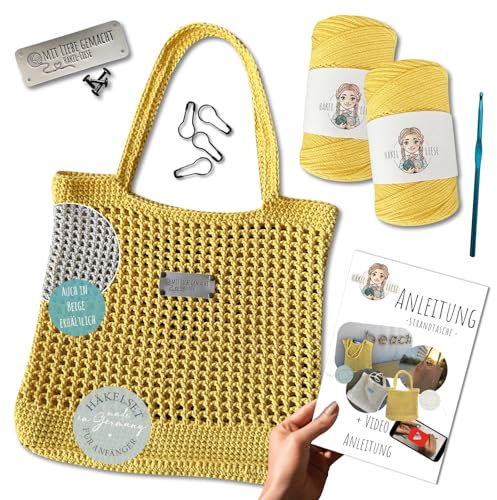 HÄKEL LIESE Häkelset Für Anfänger - Strandtasche Damen, Häkel Set für Anfänger Erwachsene, Häkelnadel, Tasche häkeln, DIY Set Erwachsene, Häkelset Tasche