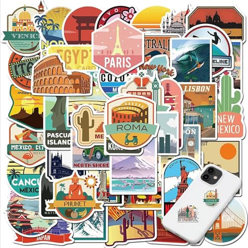 AzureRay Confezione da 50 Adesivi Vintage Impermeabili - Adesivi per Scrapbooking, Valigia, Bambini, Moto, Kindle, Bicicletta, Laptop, Stickers Aesthetic Decorativi