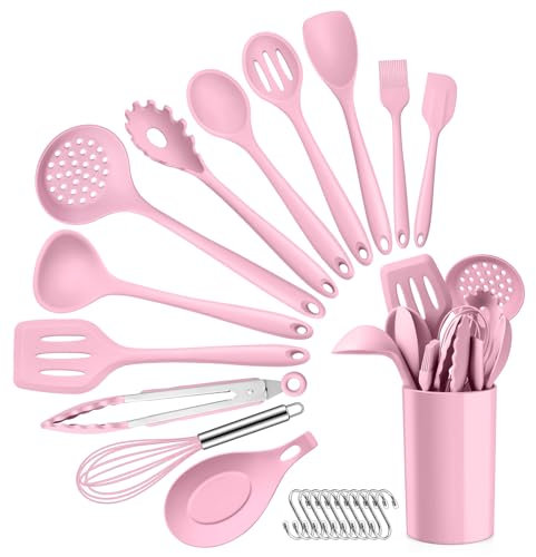 HaWare Pink Kitchen Utensils Set, 13 Piece Silicone Cooking Utensils Set with Holder, Kitchen Tools Include Turner Spatula Spoon, Non-Stick Cookware Friendly & Heat Resistant, Dishwasher Safe