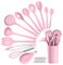 HaWare Ensemble d'ustensiles de cuisine rose 13 pièces en silicone avec support, ustensiles de cuisine avec spatule, cuillère, ustensiles de cuisine antiadhésifs et résistants à la chaleur, passe au